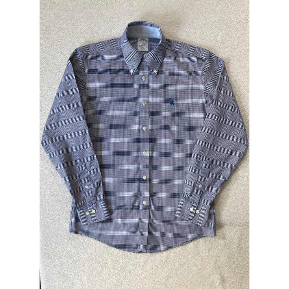 Brooks Brothers Mens Small Button Down Shirt Blue Plaid Regent Non-Iron Stretch